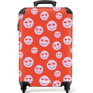 NoBoringSuitcases.com® - Handbagage koffer lichtgewicht - Reiskoffer trolley - Rood met roze smileys - Rolkoffer met wieltjes - Past binnen 55x40x20 en 55x35x25