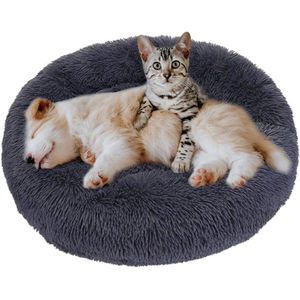 Pluizige Donut Hondenmand - Ronde Warme Mand voor Honden en Katten - Comfortabel Slaapzak Design - Zachte Kussen Nest - Gemakkelijk Wasbaar -Donkergrijs (XL:80cm)