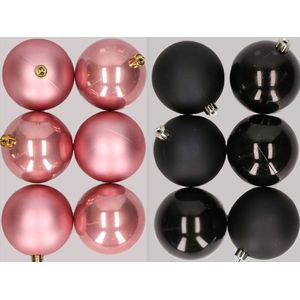 12x stuks kunststof kerstballen mix van oudroze en zwart 8 cm - Kerstversiering
