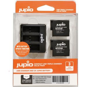 Jupio Value Pack: 2x Battery GoPro HERO5/6/7, HERO (2018) AHDBT-501 1260mAh + Compact USB Triple Charger (update version)