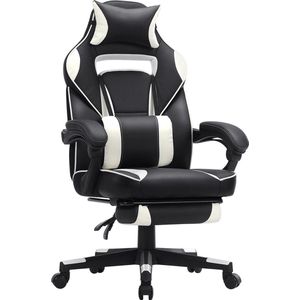 Signature Home gamestoel of bureaustoel met voetensteun - ergonomisch bureaustoel met hoofdsteun en lendenkussen - in hoogte verstelbaar - 90-135° kantelhoek - draagvermogen tot 150 kg - zwart-wit