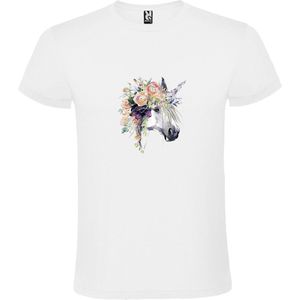 Wit t-shirt met grote print 'Eenhoorn met bloemen' size XXL