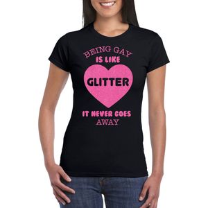 Bellatio Decorations Gay Pride T-shirt voor dames - being gay is like glitter - zwart/roze - LHBTI XXL