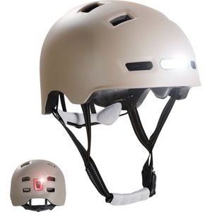Skater fietshelm met voor- en achterlicht | Kleur Zand L 57-61cm | EN1078