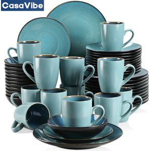 CasaVibe Serviesset – 48 delig – 12 persoons – Porselein - Luxe – Groen– Bordenset – Dinner platen – Dessertborden - Koffie Mokken - Bubble