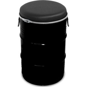 Barrel Seat industrieel metalen kruk| bijzettafel| opberg box 60 Liter retro zwart  olievat- vuurton inclusief zachte zitkussen