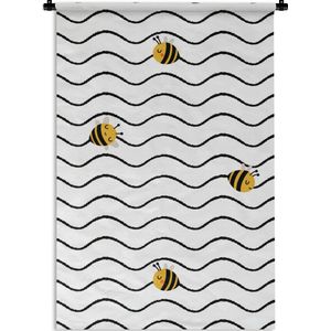Wandkleed Kinderkamer Patroon - Kinderpatroon met bijen op zwarte golvende strepen Wandkleed katoen 120x180 cm - Wandtapijt met foto XXL / Groot formaat!