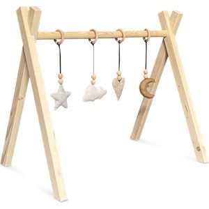 Houten babygym | Massief houten speelboog tipi vorm met natuur hangers - blank | toddie.nl