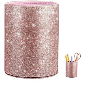 Kinderpotloodhouder, bureaupenhouder, make-upborstelhouder, PU grote vierkante transparante pennenhouder, potloodcontainer-organizer voor kinderen, kantooraccessoires, wastafel, roze