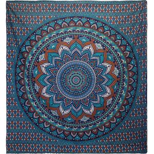 Tweepersoons Katoenen Sprei - Wandkleed - Klassieke Mandala - Turquoise & Blauw - 200cmx230cm - Handgemaakt