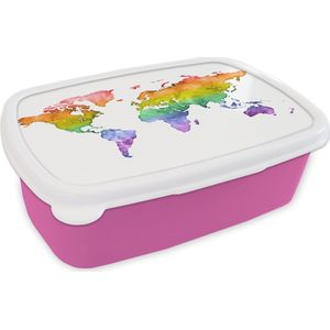 Broodtrommel Roze - Lunchbox - Brooddoos - Wereldkaart - Pride vlag - Waterverf - 18x12x6 cm - Kinderen - Meisje