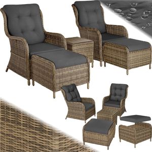 tectake® 2x premium wicker fauteuils met kruk en tafel, relaxfauteuil voor tuin, terras en balkon, lounge tuinmeubelset weerbestendig, variabel, tuinstoelen, leesstoel en ligstoel - natuurkleur - poly-rattan
