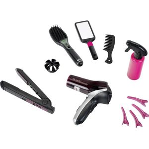 Klein Toys Braun Satin Hair 7 mega kappersset - haardroger, stijltang en haarborstel - incl. stylingaccessoires en ventilator met koude-lucht-mechanisme - zwart roze