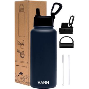 VANN® 3-Wandige Waterfles 1 liter met rietje voor volwassenen – Met 5 accessoires – Bidon RVS – 24 uur koud/12 uur warm – Blauw