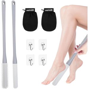 Voetborstel voor de douche met lange steel en peelinghandschoen