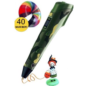 3D pen-XXL-starterspakket-Inclusief 129 Meter Filament in 40 kleuren-Boek met 40 bladzijden met sjablonen en herbruikbaar transparant overtrekvel-Oplader-Penhouder-Groen