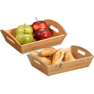 Kesper Brood/fruit mandje - 2x - bamboe - beige - L26 x B19 x H7 cm - met handvaten