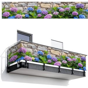 Balkonscherm 500x95 cm - Balkonposter Hortensia - Bloemen - Bladeren - Stenen - Balkon scherm decoratie - Balkonschermen - Balkondoek zonnescherm