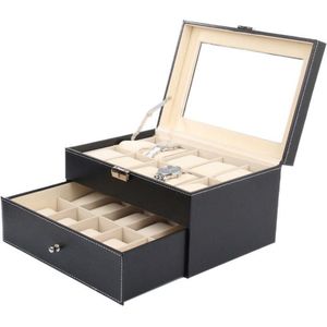 DisQounts Horlogebox - Zwart leer - Geschikt voor 20 stuks - 27cm x 20cm x 16cm -