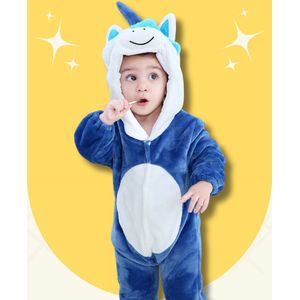 BoefieBoef Eenhoorn Blauw Dieren Onesie & Pyjama voor Baby & Dreumes en Peuter tm 18 maanden - Kinder Verkleedkleding - Dieren Kostuum Pak - Wit Unicorn
