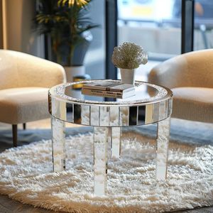 Ronde Bijzettafel - Ronde Salontafel - Tafel - Spiegeldesign - Zilveren Glazen - Luxe Afwerking - Kristallen Pootjes - Woonkamer - Slaapkamer - Zilver
