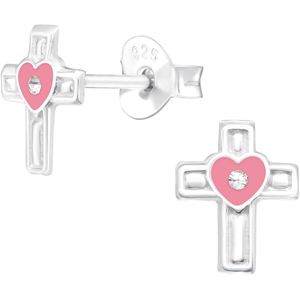Joy|S - Zilveren kruisje oorbellen met roze hartje - 6 x 8 mm - kristal - kinderoorbellen