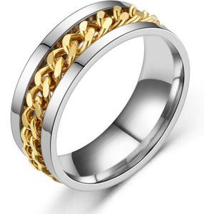 Fidget Ring Zilver - Goud (Maat 57 - 18 mm - 18.2 mm) - Anxiety Ring - Angst Ring - Stress Ring Heren / Dames - Spinning Ring - Draai Ring - Zilver Roestvrij Staal - Spinner Ring