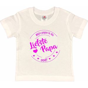 T-shirt Kinderen ""Mijn papa is de liefste papa ooit!"" Vaderdag | korte mouw | Wit/Fluor pink | maat 122/128