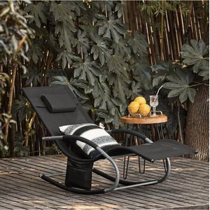 Opvouwbare aluminium tuin Sun Lounger Ergonomische rocking Relax Comfortabele buitenstrandstoel voor terras, balkon, camping, zwart