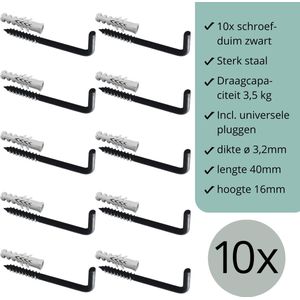 Schroefduimen Zwart - 10 stuks - 40mm x 16mm x ø3,2mm (schroef haak - schroef duim - ophang haak - wand haak)