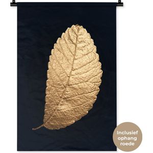 Wandkleed Golden leaves staand - Blad van goud op een zwarte achtergrond Wandkleed katoen 60x90 cm - Wandtapijt met foto