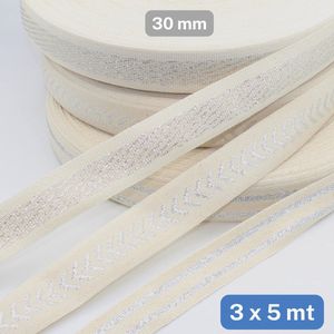 Lot van 3x5 Meter VISGRAATLINT/KEPERLINT/RIBSBAND/BOORDBAND met LUREX, Breedte 30MM, Kleur ZILVER/ECRU SET B