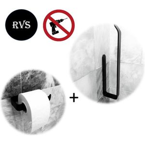 Toiletset Toiletaccessoires | Toiletrolhouder zonder boren | RVS Zwart Rh!no | Wc rolhouder + Reserverolhouder set| Closetrolhouder | Zelfklevend |