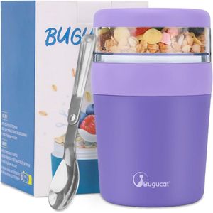 2-in-1 Mueslibeker To Go - Lekvrije Yoghurt- en Mueslibeker met Lepel voor Picknick en Reizen, 500 ml + 150 ml, Paars