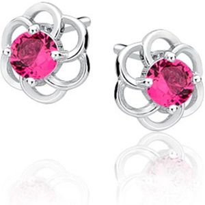 Joy|S - Zilveren elegante bloem oorbellen - 8 mm - zirkonia robijn roze - gehodineerd