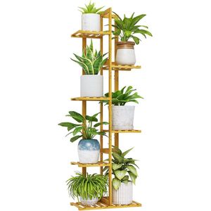 Plantenstandaard voor binnen, 6 niveaus bamboe hoge plantenplank voor meerdere planten, hoekgelaagde bloemenstandaard voor raam, tuin, balkon, woondecoratie woonkamer slaapkamer