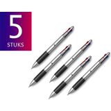 Pack 5x Vierkleuren Balpen - Zilver / Zwart - Vier Kleuren Pen- Inkt Rood Blauw Groen Zwart