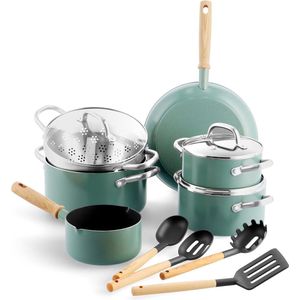 Mayflower 13-delige Gezonde Keramische Anti-aanbak Kookgerei Set, Inclusief Pannen, Saucepans, Deksels, Zeef, Vintage Houten Handvat, PFAS-Vrij, Inductie, Rook Blauw