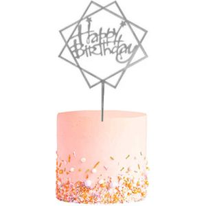 Happy Birthday TaartTopper Zilver TaartDecoratie Cake Topper Taart Topper Decoratie Verjaardag Versiering – 1 Stuk