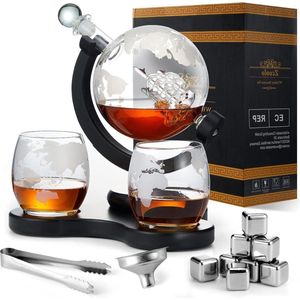 Decanter Set met whisky - 850ml karaf - 2 gegraveerde wereldglazen - roestvrijstalen trechter en 8 ijsblokjes van roestvrijstaal - A-850ML