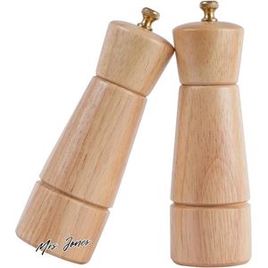 Mrs. Jones Zout en Peper Molen Set - Verstelbare Keramische Zoutmolen - Roestvrij Stalen Peper Molen - Rubber Hout - 165 cm Hoogte - Bodem Diameter 5 cm .