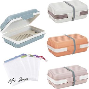 Mrs. Jones Reiszeepbakjes 4 stuks - draagbare zeepbakset met deksel, 4 zeepzakjes en silicone riemen, lekvrij en afneembaar dienblad voor wandelen, kamperen, badkamer, sportschool .