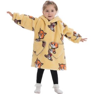 Katten & honden fleece hoodie deken met mouwen - fleece poncho voor kinderen – fleece plaid met mouwen - kids 3/7 jaar – maat 98/128 – lengte 60 cm – warm & zacht – relax outfit kids– geel - Badrock