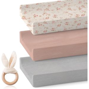 Babymatrasbeschermer, hoeslaken, 3 stuks, katoen, ademend basinet hoeslaken, matrashoes, hoeslakens, 80 x 40 cm, voor kinderwagen, kinderbed (roze)