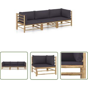 The Living Store 3-delige Loungeset met donkergrijze kussens bamboe - Bamboelusje - Loungestoel - Buitendining - Tuinlounge - Tuinmeubles