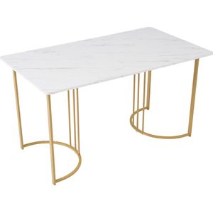 Merax 140 x 80 cm Eettafel - Moderne Keukentafel met Marmerpatroon - Tafel met Metalen Frame en Verstelbare Poten - Wit met Goud