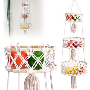 Hangende fruitmand - 3-traps hangmand van geweven katoenen touw macramé - opbergmand wandhangtas voor slaapkamer .