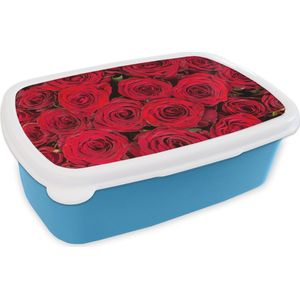 Broodtrommel Blauw - Lunchbox - Brooddoos - Rozen - Rood - Boeket - 18x12x6 cm - Kinderen - Jongen