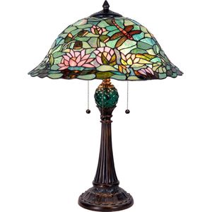 HAES DECO - Tiffany Tafellamp Ø 47x60 cm Groen Bruin Glas Driehoek Libelle Tiffany Bureaulamp Tiffany Lampen Glas in Lood