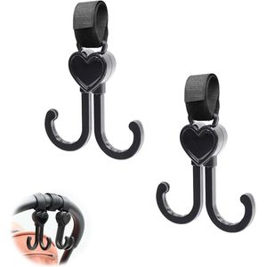 2 stuks Kinderwagenhaken buggy-clips voor luiertas met klittenbandhaak (hartvormig) en 360 graden draaibaar